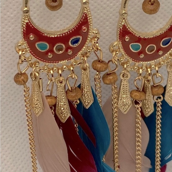 Faux Feather Earrings Bohemian Fringe Tassel Long Drop Dangle Earrings Set - Picture 4 of 5